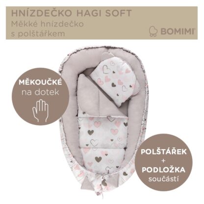 Bomimi HAGI Hnízdečko s polštářkem soft, SRDÍČKA šedá xx - Image 2